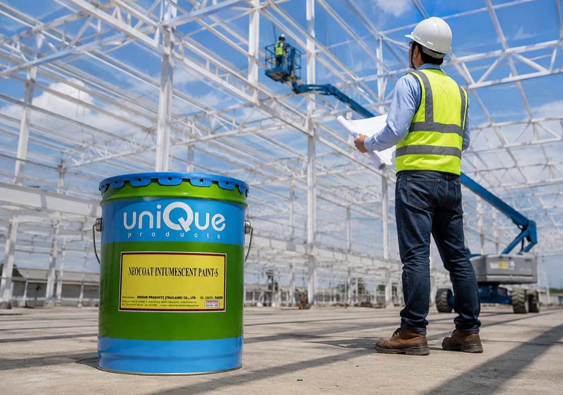 ถังสีกันไฟ Neocoat Intumescent Paint-S หน้างานโครงสร้างเหล็ก